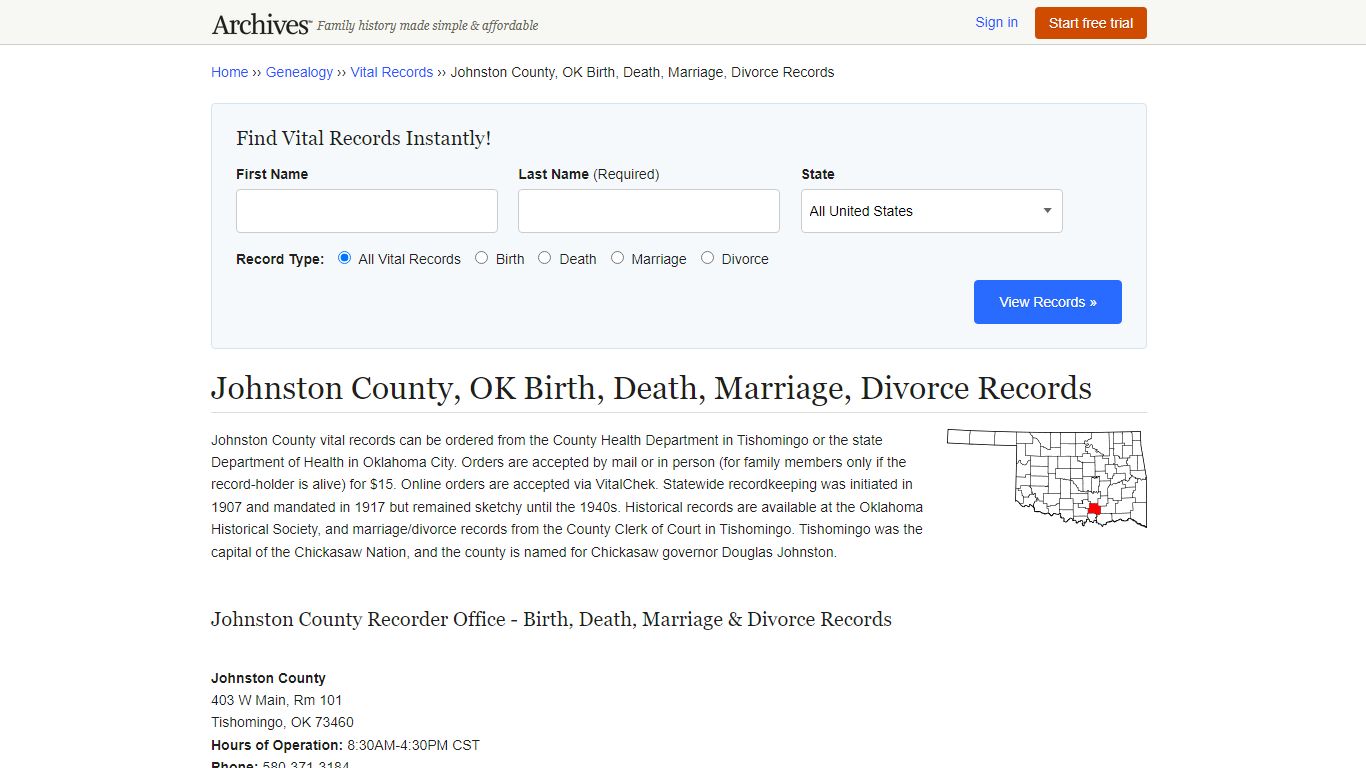 Johnston County, OK Birth, Death, Marriage, Divorce Records